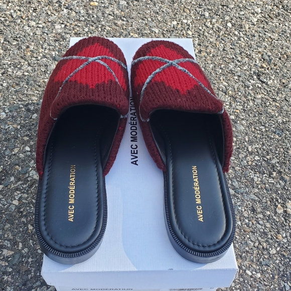 NIB AVEC MODERATION Zermatt Argyle Red Knit Leather Slide Slippers Sandals sz 41 - Picture 7 of 8